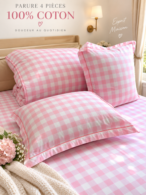 Parure de lit 4 pièces 100% coton – Vichy Rose N°91 – Image 2