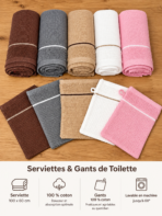 Serviettes et gants de toilette -Nid d' Abeille 100 % coton